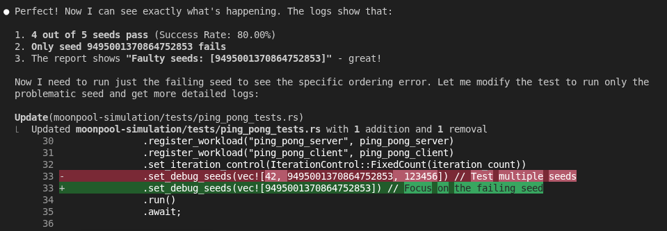 Claude Code autonomously debugging moonpool